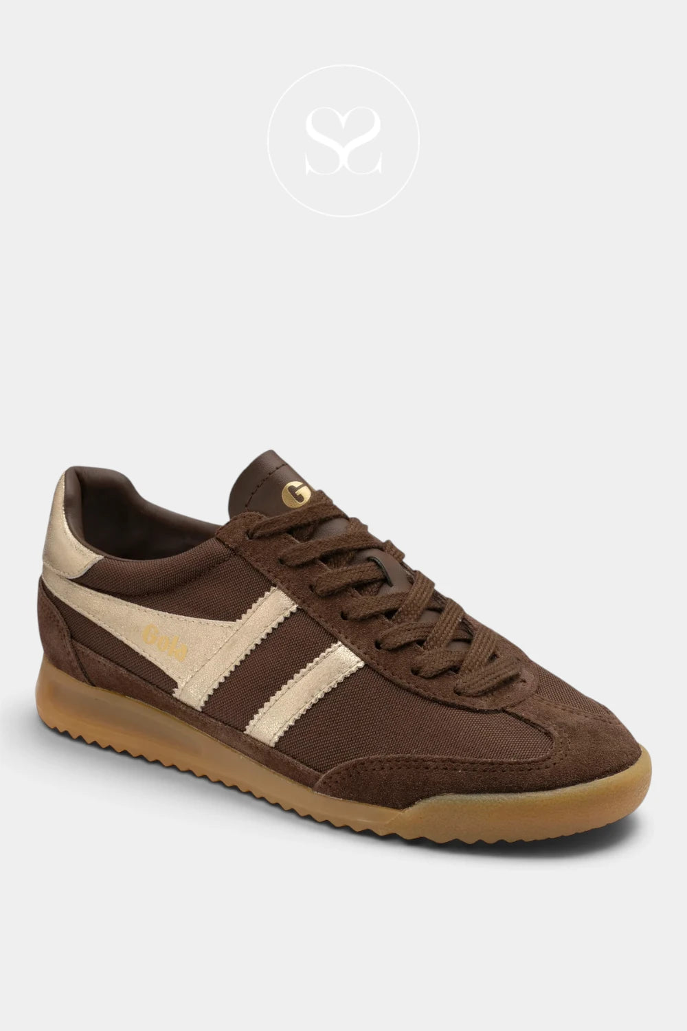 A brown suede and canvas low-top sneaker with beige side stripes, a brown laces, and a gum sole, shown on a light gray background.