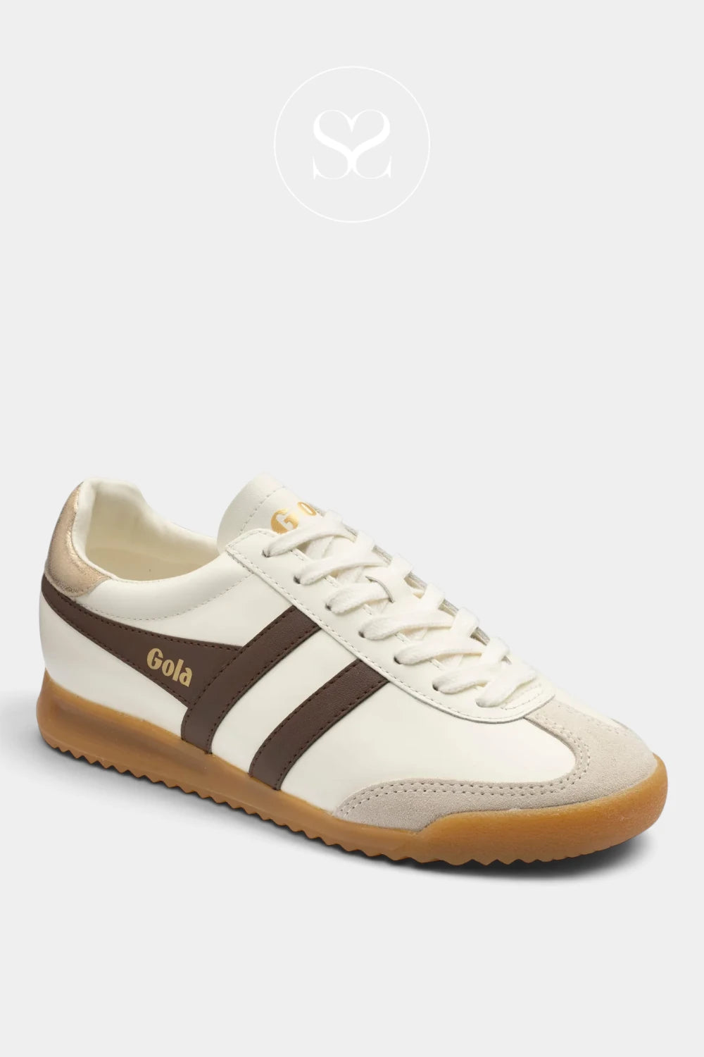 A low-top Gola sneaker in cream and brown with a gum sole, shown from a three-quarters angle on a light gray background.