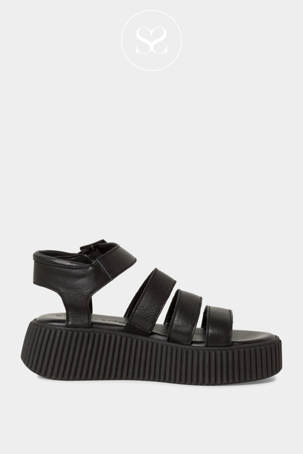 TAMARIS 1-28017-42 BLACK LEATHER CHUNKY FLATFORM SANDALS WITH SLIGHT ELEVATION AND AN ANKLE STRAP