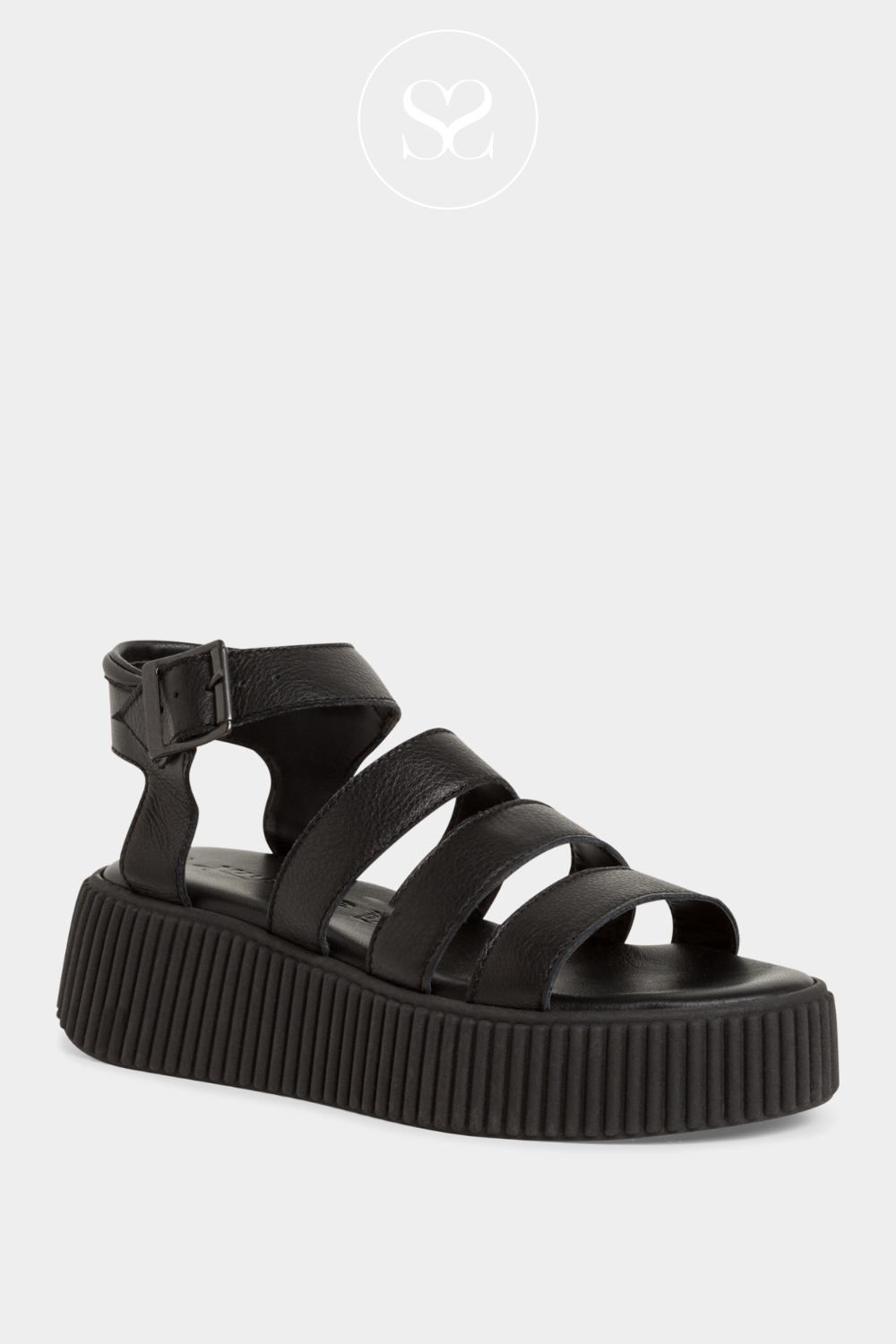 TAMARIS 1-28017-42 BLACK LEATHER CHUNKY FLATFORM SANDALS WITH SLIGHT ELEVATION AND AN ANKLE STRAP