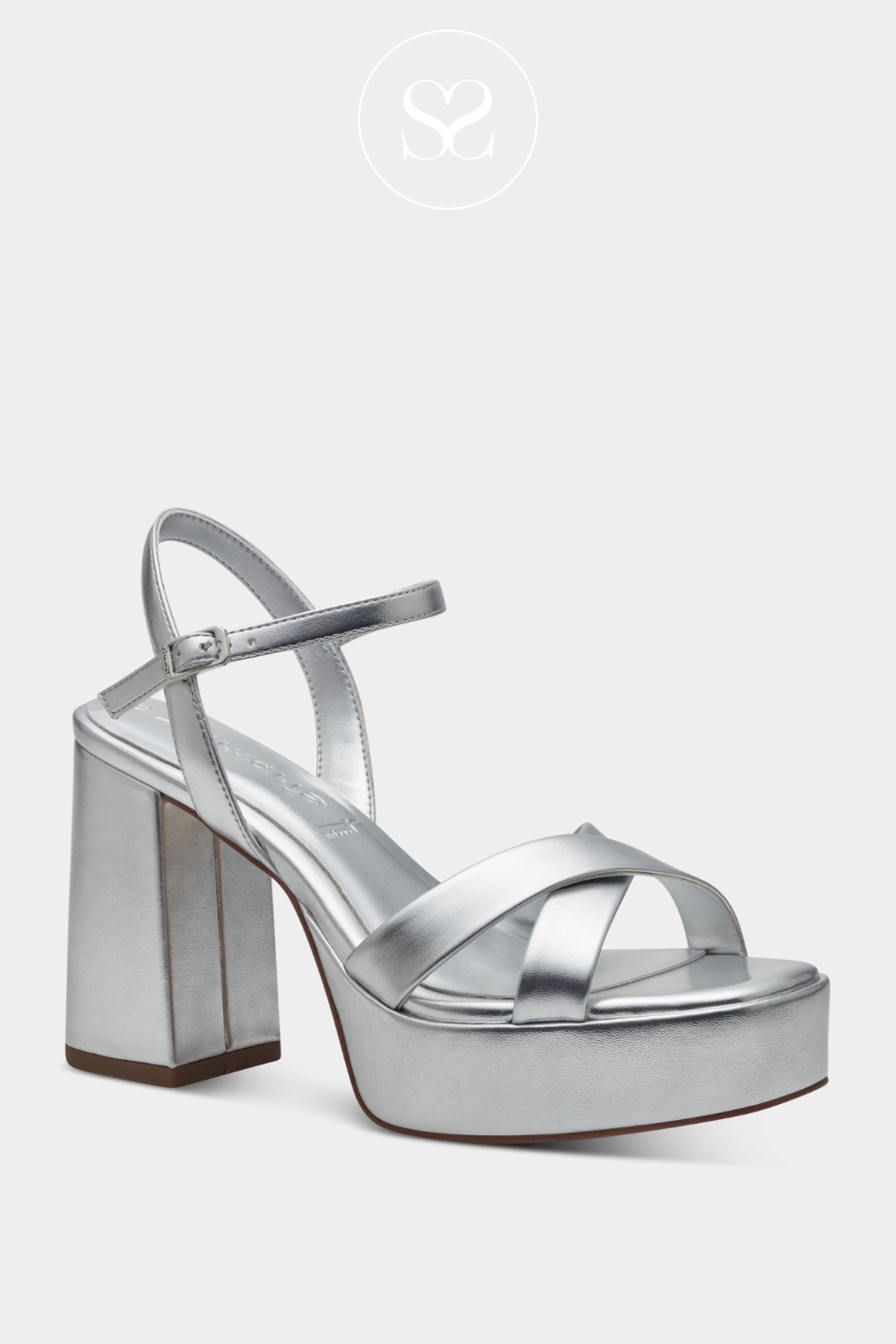 TAMARIS 1-28051-42 SILVER METALLIC PLATFORM SOLE BLOCK HEELED SANDALS WITH CRISS CROSS STRAPS AND ADJUSTABLE ANKLE STRAP