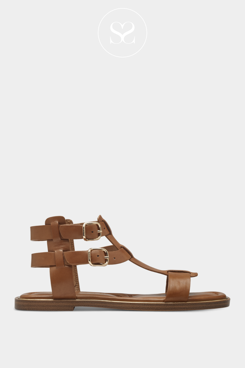 TAMARIS 1-28118-42 TAN LEATHER GLADIATOR FLAT SANDALS WITH DOUBLE ADJUSTABLE ANKLE STRAP