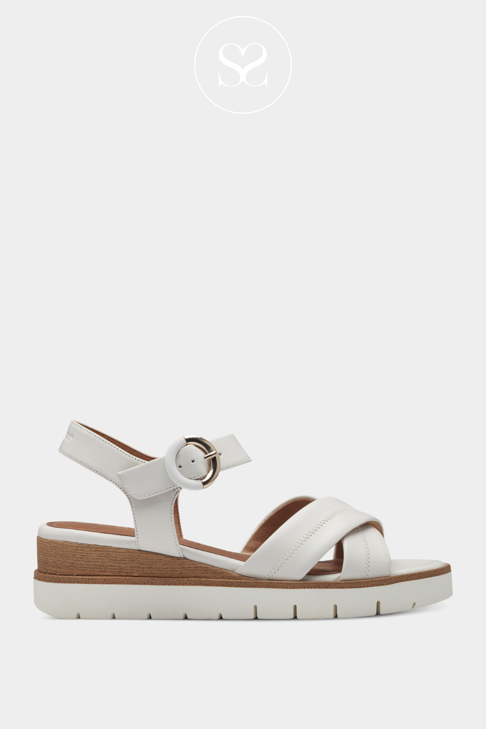 TAMARIS 1-28202-42 WHITE LEATHER WEDGE SANDAL WITH CRISS CROSS STRAPS AND ADJUSTABLE ANKLE STRAP