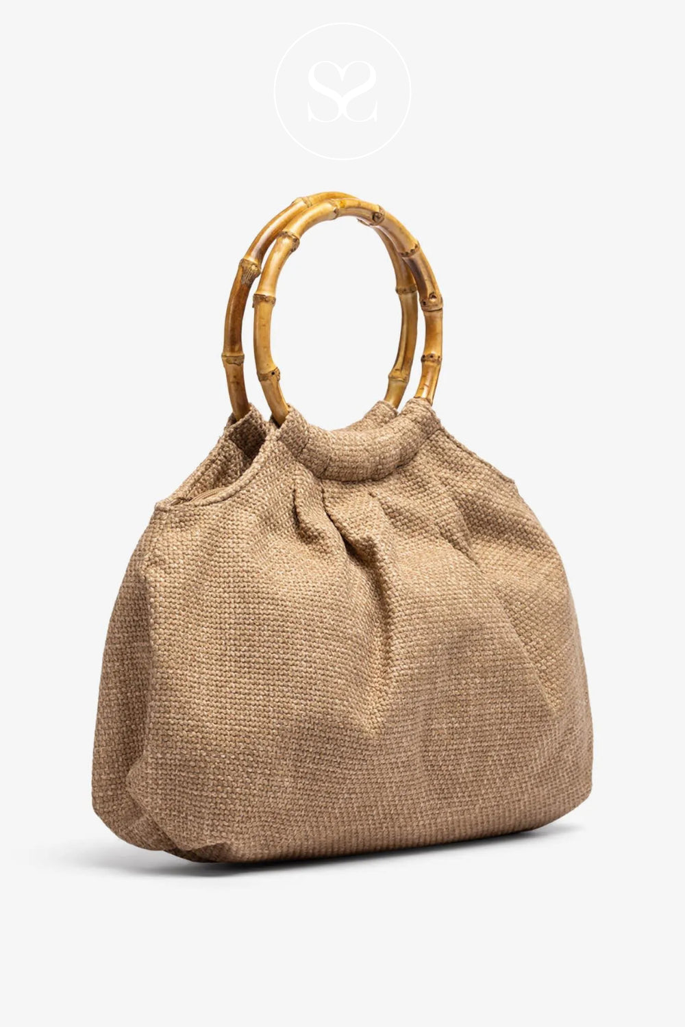 Beige handbag with wooden handles on a white background from unisa available in Sheneil shoes Ireland