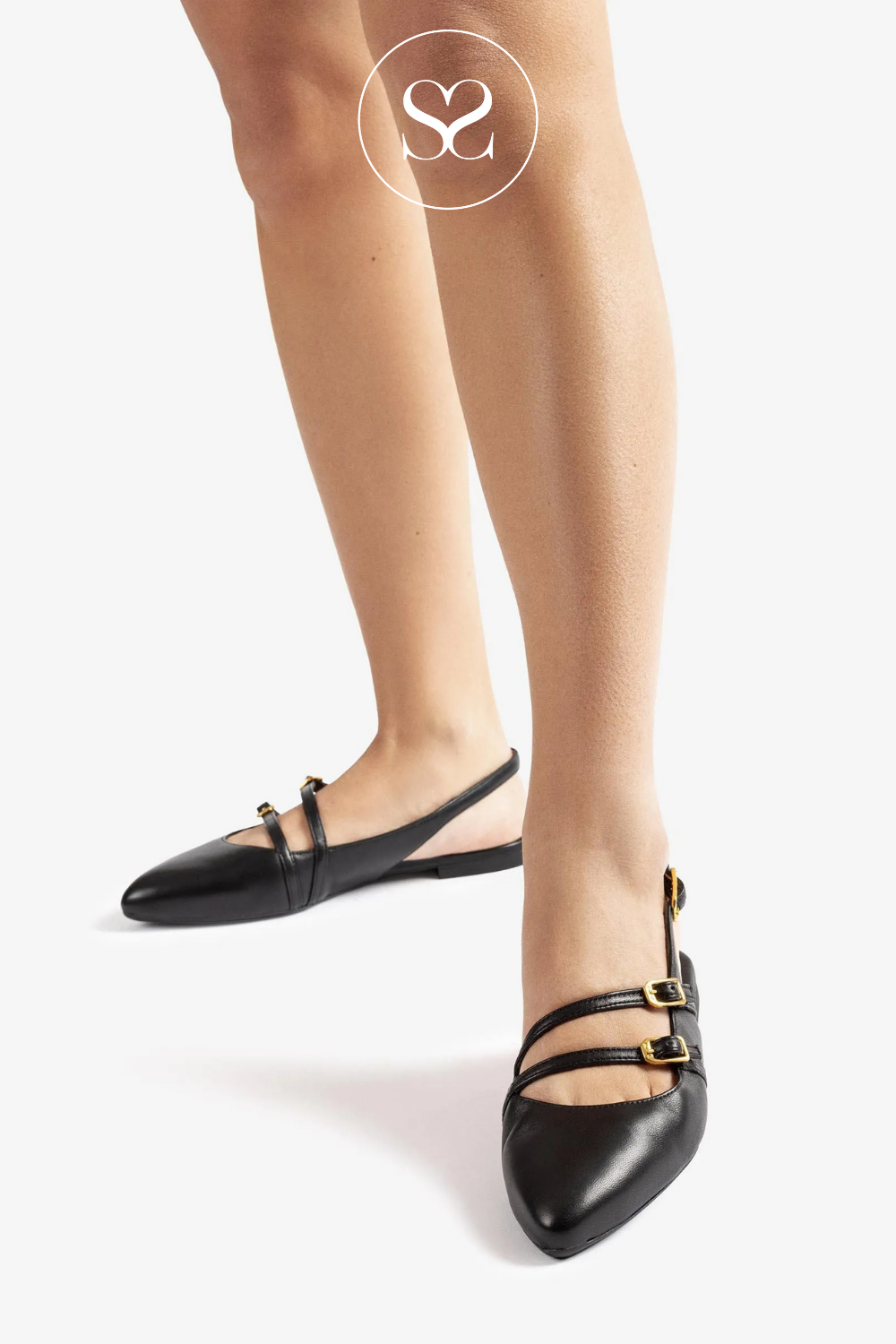 UNISA ALSIP BLACK LEATHER FLAT SLINGBACK PUMPS WITH A SLIGHT POINTED TOE AND DOUBLE STRAP ACROSS THE FOOT
