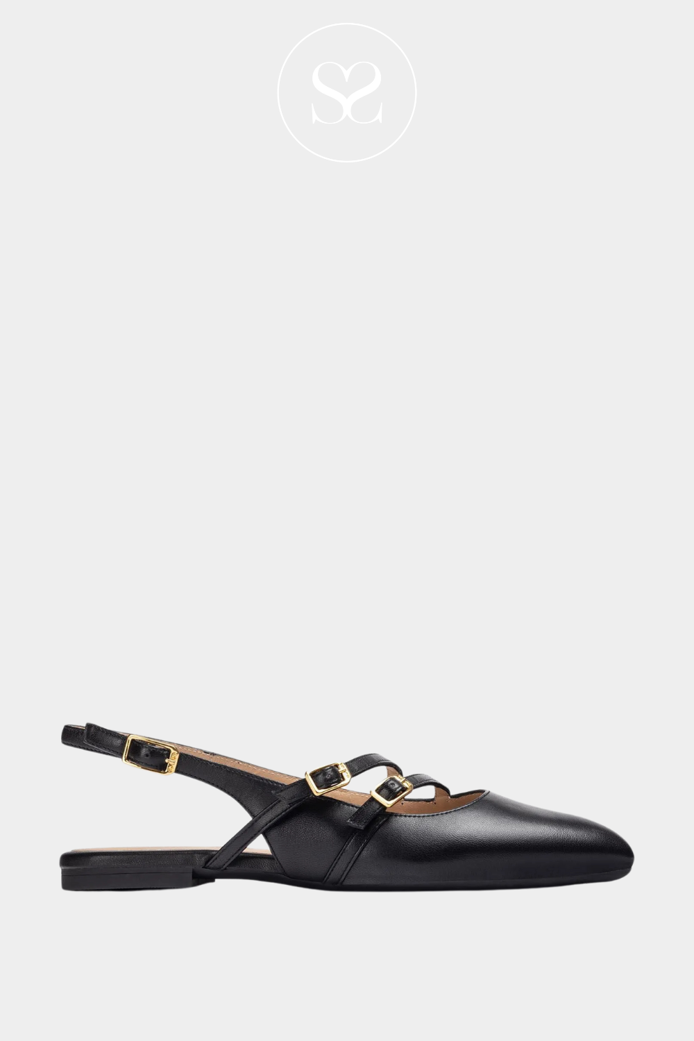 UNISA ALSIP BLACK LEATHER FLAT SLINGBACK PUMP WITH ADJUSTABLE HEEL STRAP AND TWO ADJUSTABLE STRAPS
