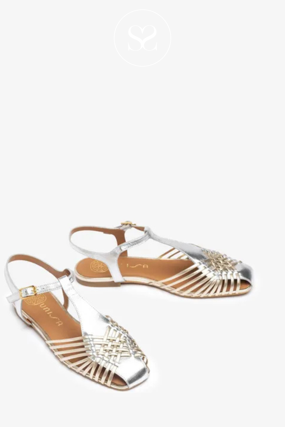 UNISA BABIC SILVER GLADIATOR FISHERMAN STYLE SLINGBACK PUMPS WITH ADJUSTABLE ANKLE STRAP
