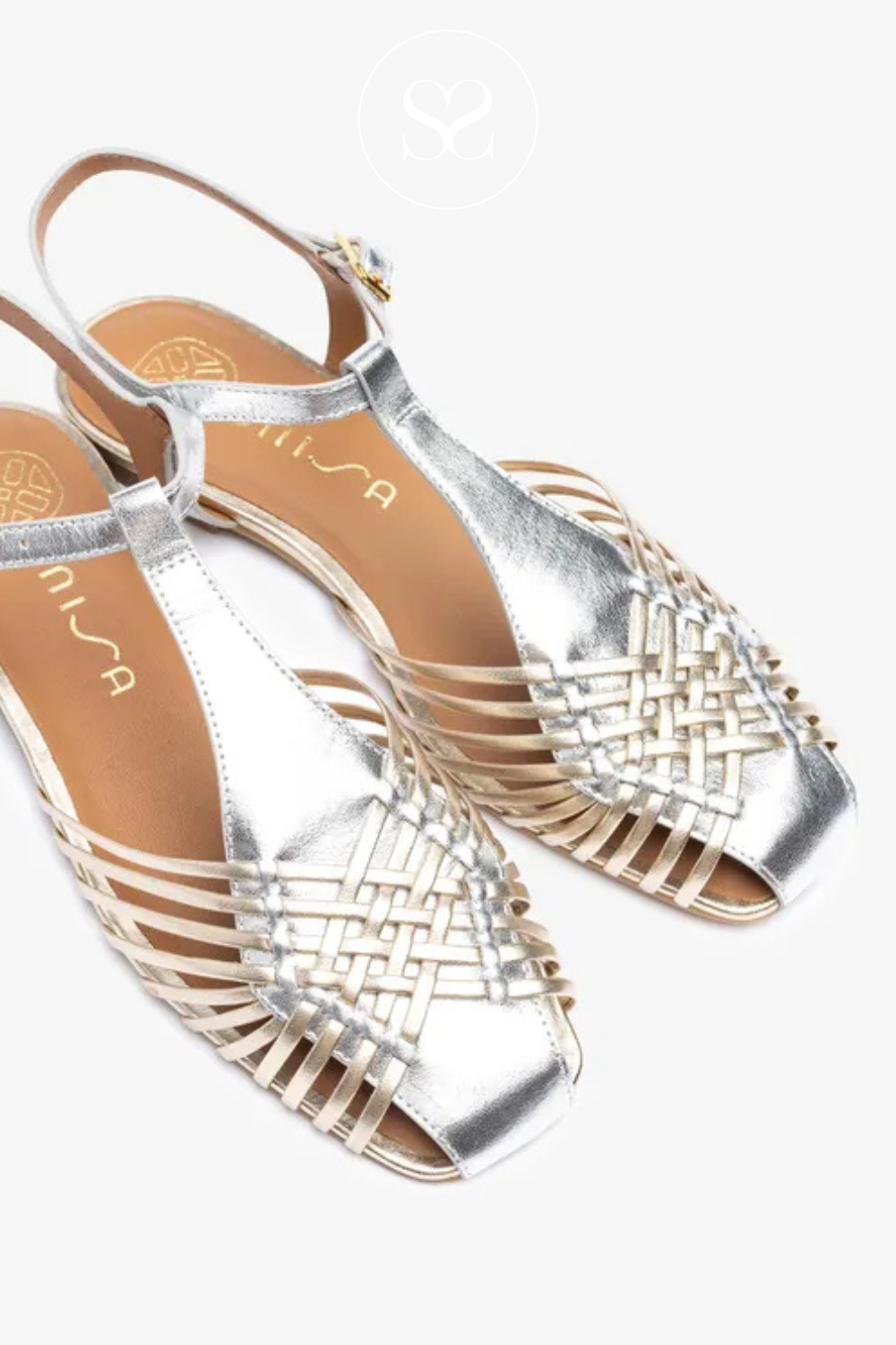 UNISA BABIC SILVER GLADIATOR FISHERMAN STYLE SLINGBACK PUMPS WITH ADJUSTABLE ANKLE STRAP