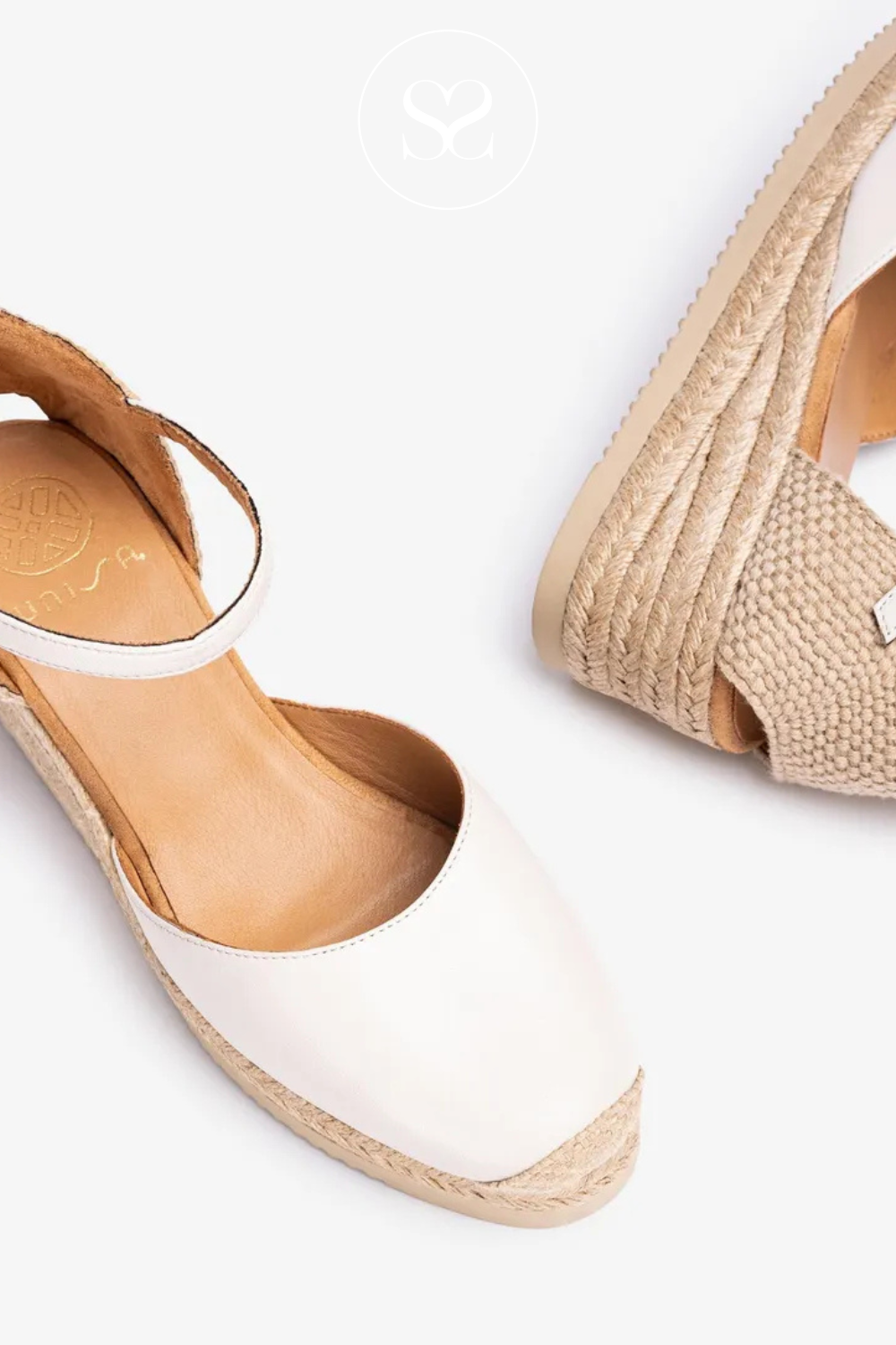 UNISA CISCA IVORY LEATHER WEDGE ESPADRILLE SANDALS WITH LOW WEDGE AND ADJUSTABLE ANKLE STRAP