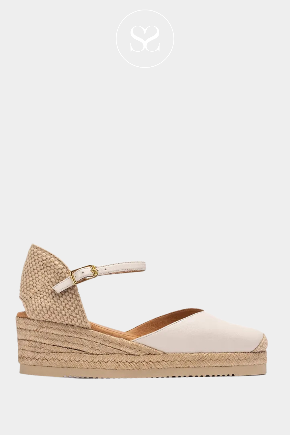 UNISA CISCA IVORY LEATHER WEDGE ESPADRILLE SANDALS WITH LOW WEDGE AND ADJUSTABLE ANKLE STRAP