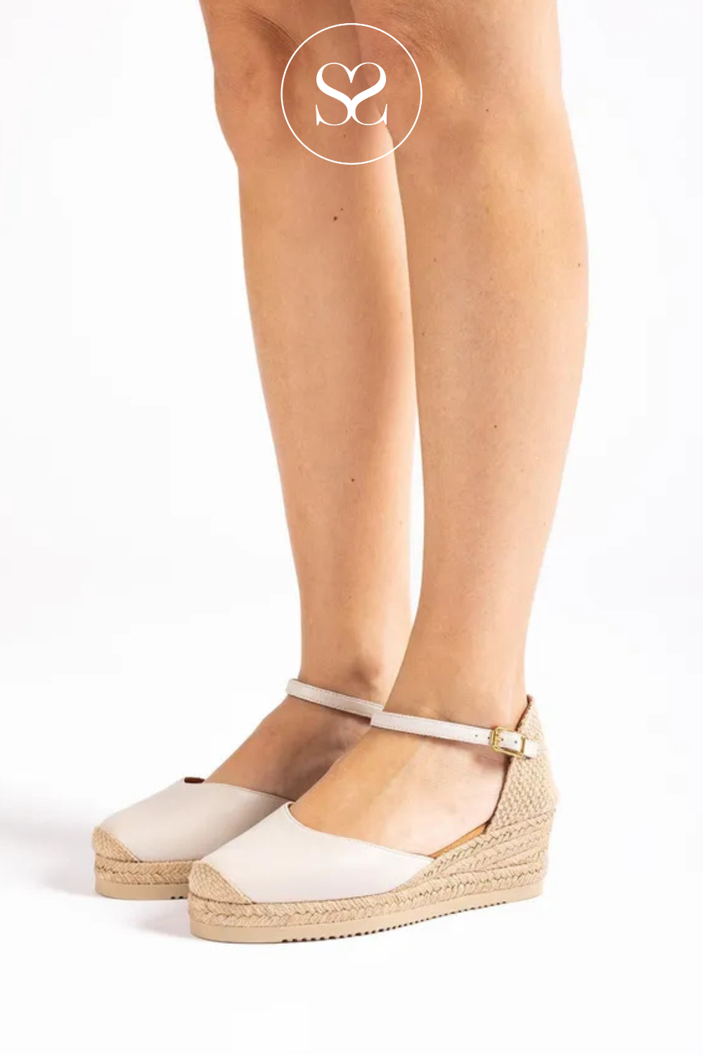 UNISA CISCA IVORY LEATHER WEDGE ESPADRILLE SANDALS WITH LOW WEDGE AND ADJUSTABLE ANKLE STRAP