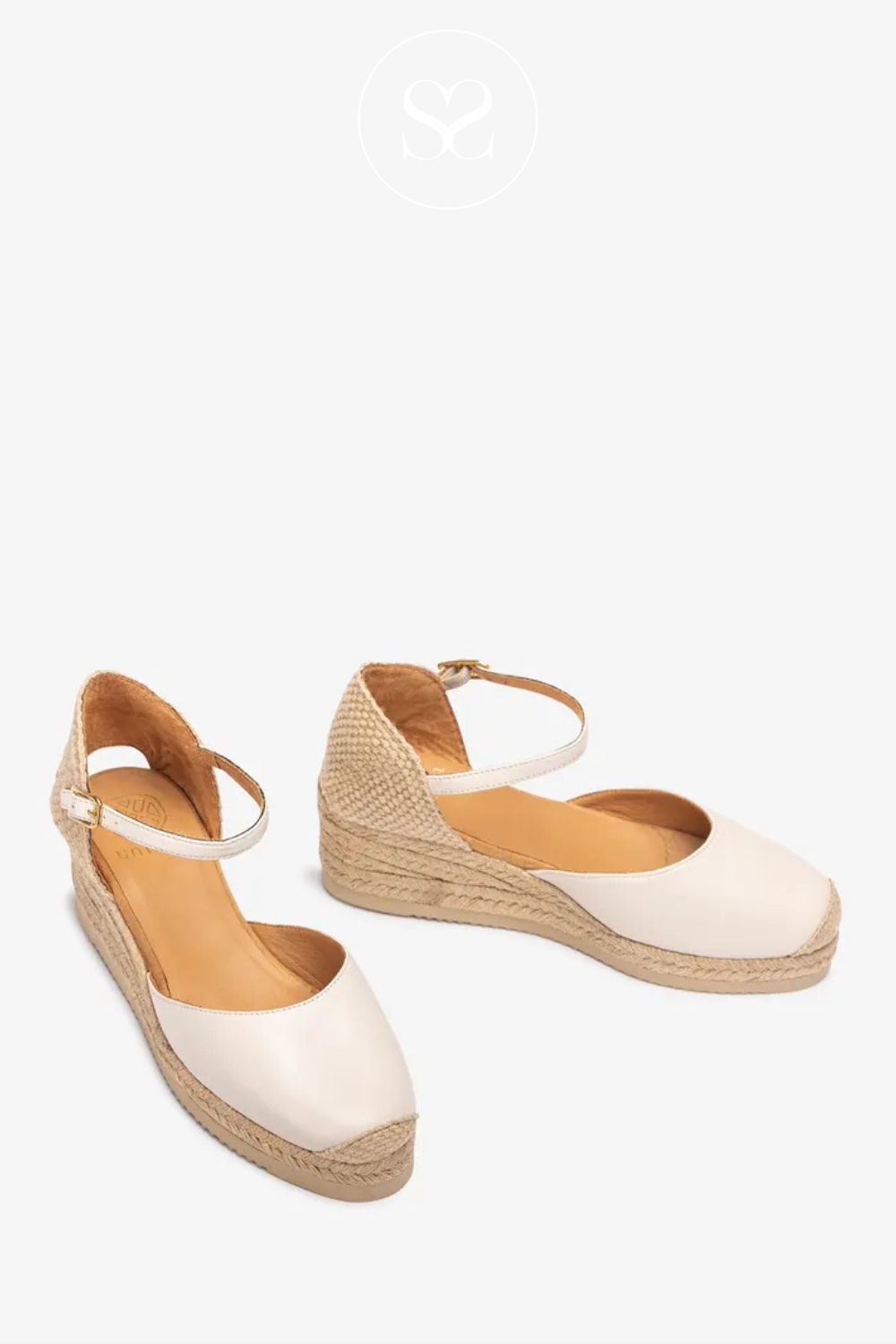 UNISA CISCA IVORY LEATHER WEDGE ESPADRILLE SANDALS WITH LOW WEDGE AND ADJUSTABLE ANKLE STRAP