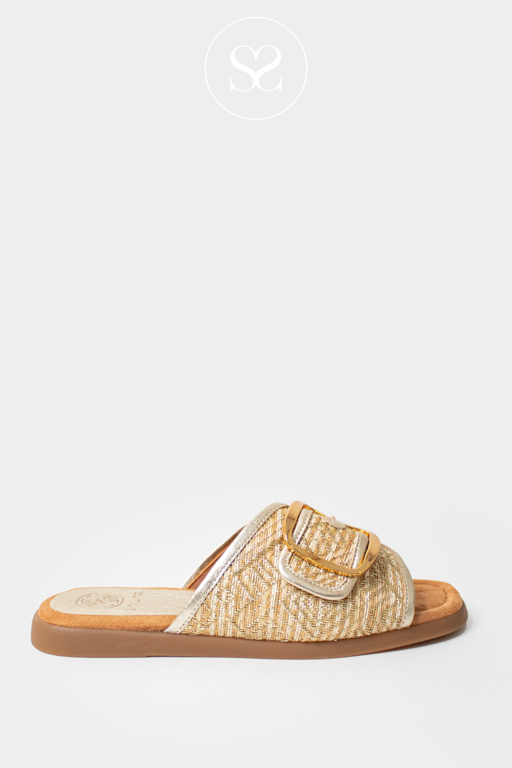 UNISA CRAY GOLD WOVEN FABRIC SLIDERS WITH GOLD STATEMENT BUCKLE DETAIL