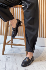 UNISA DAIMIEL BLACK FLAT LOAFER WITH GOLD CHAIN DETAIL