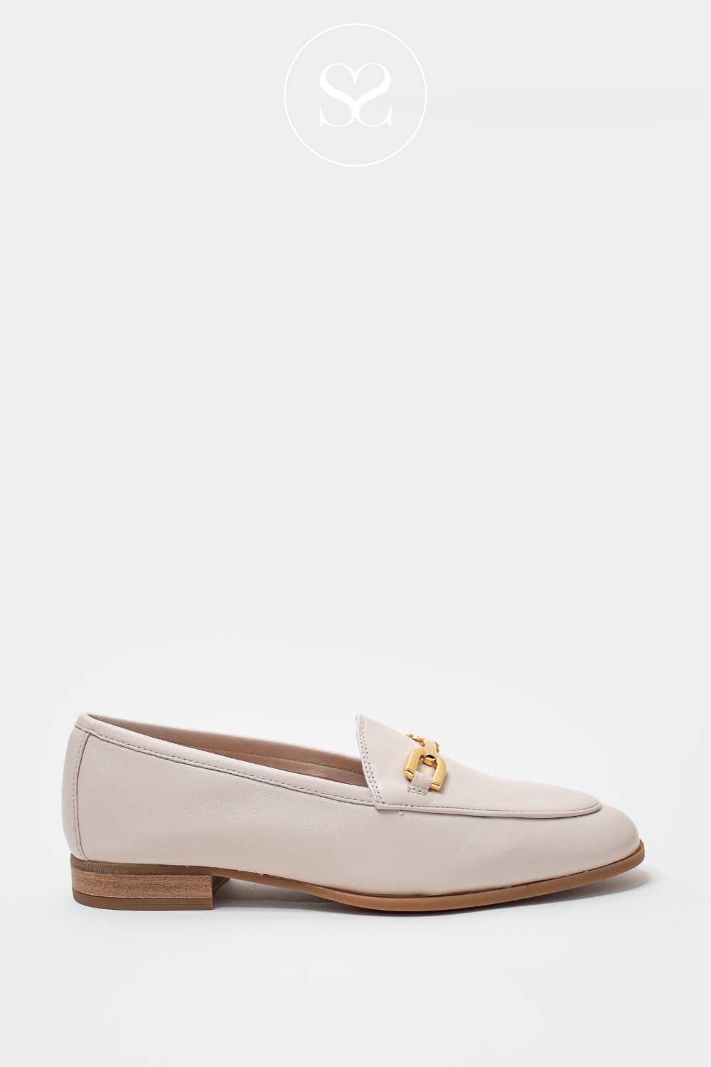 UNISA DALCY IVORY LEATHER FLAT SLIP ON LOAFERS WITH GOLD BUCKLE