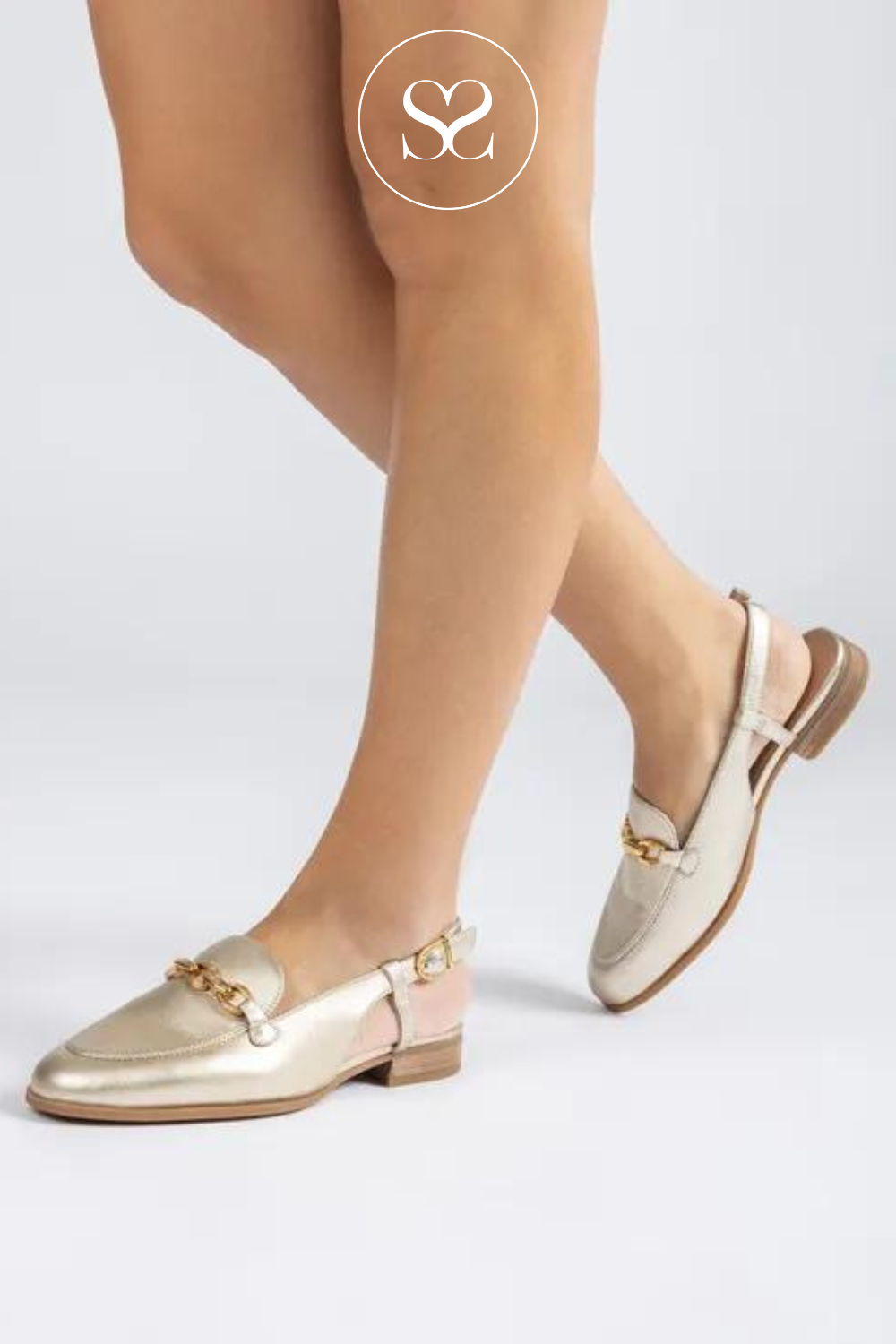 UNISA DEAN GOLD LEATHER SLINGBACK FLAT LOAFERS WITH ADJUSTABLE STRAP