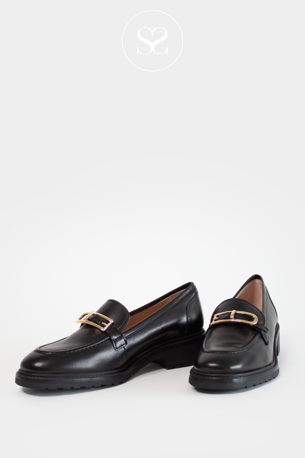 Comfortable Black Loafers for Women with chunky sole and gold buckle