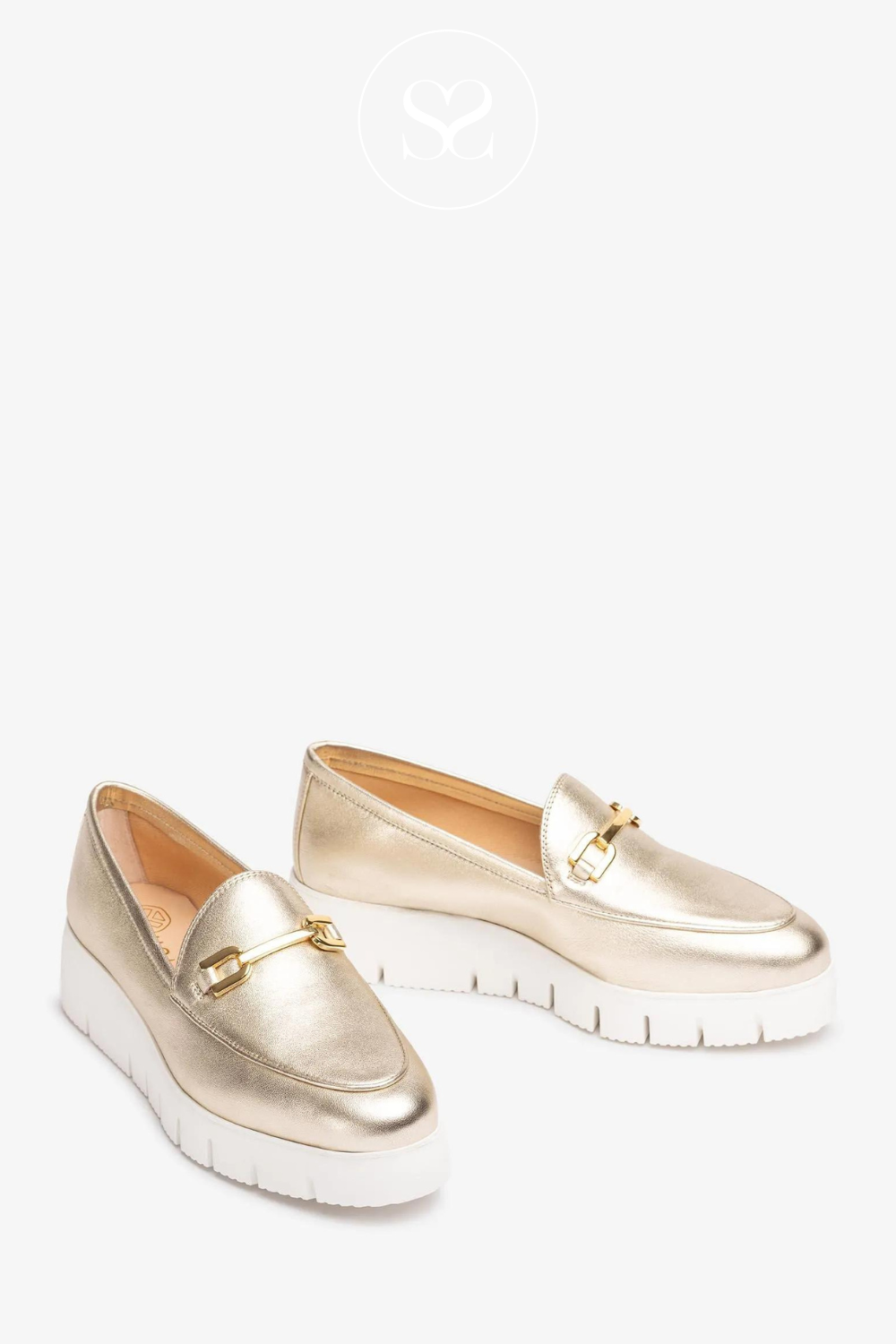 UNISA FAMO GOLD LEATHER WEDGE LOAFER WITH GOLD BUCKLE DETAIL
