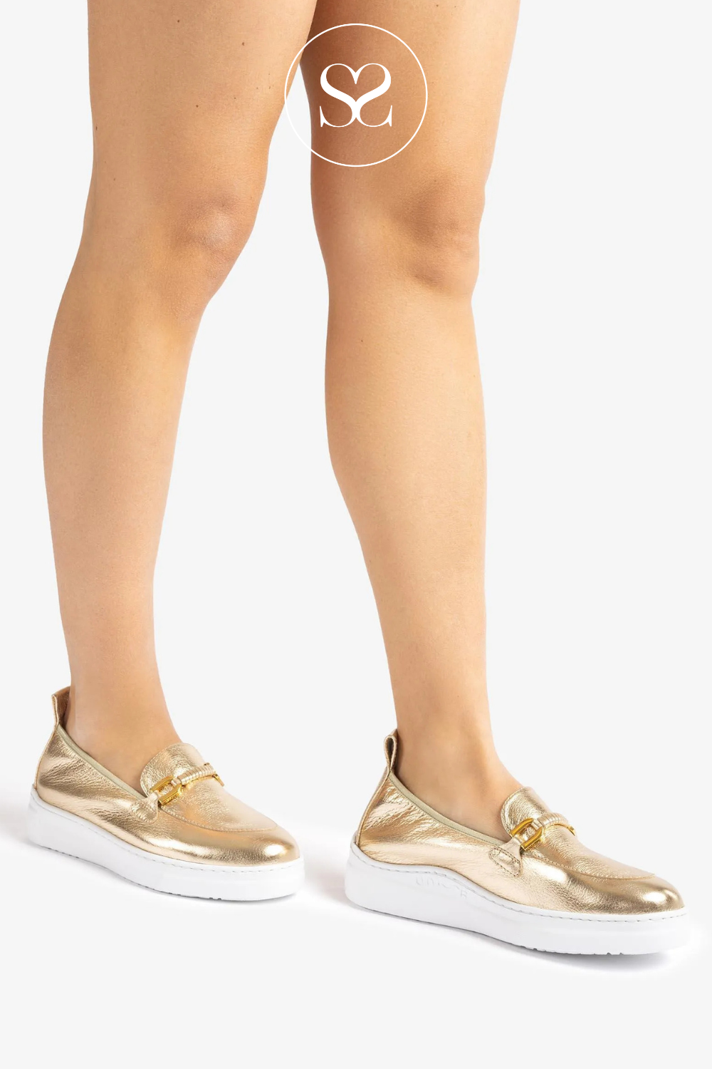 UNISA FORMAL METALLIC GOLD SLIP ON LOAFER SHOE WITH WHITE CHUNKY SOLE AND GOLD CHAIN BUCKLE