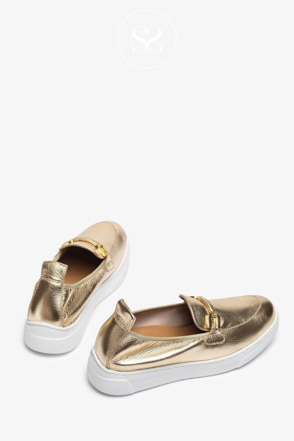 UNISA FORMAL DOFT GOLD METALLIC LEATHER SLIP ON SHOE WITH WHITE SOLE AND GOLD CHAIN BUCKLE