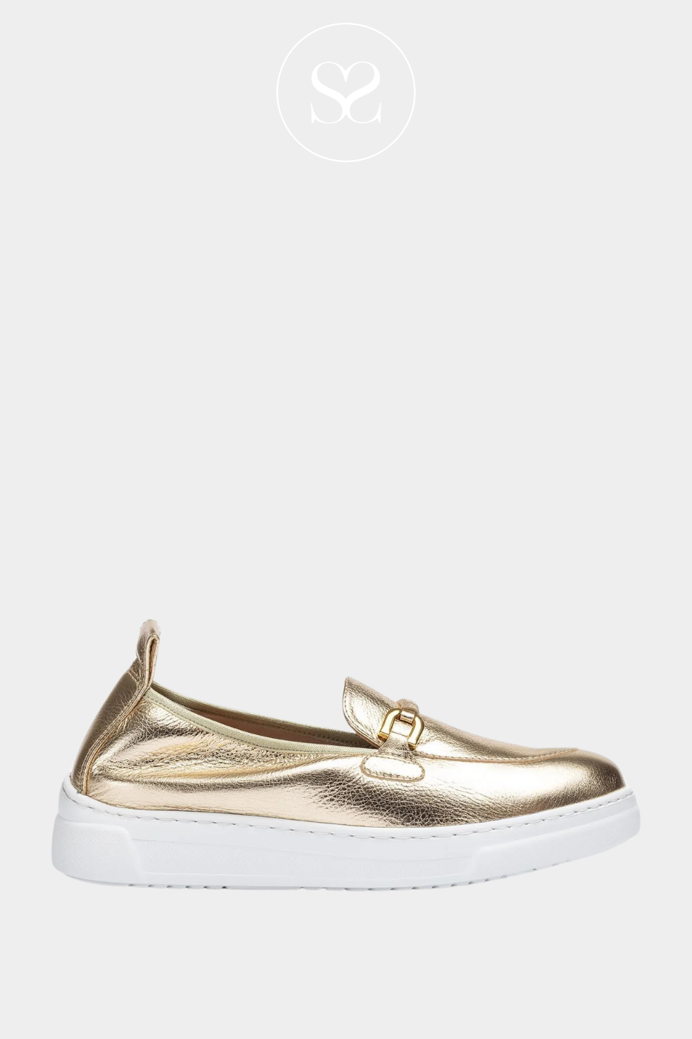 UNISA FORMAL GOLD LEATHER SLIP ON SHOE WITH GOLD BUCKLE AND WHITE SOLE