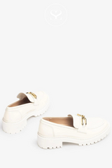 UNISA GERMAN IVORY CHUNKY LOAFER WITH GOLD BUCKLE AND TRACK SOLE