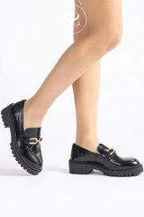 UNISA GERMAN BLACK CHUNKY LOAFER WITH GOLD BUCKLE AND TRACK SOLE