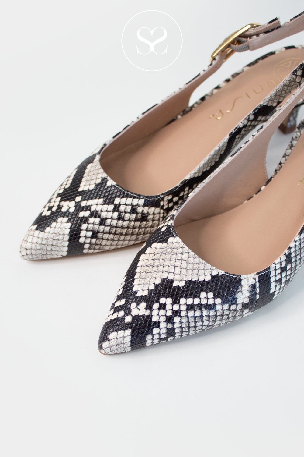 UNISA IBON SUMMER FASHION HEEL. KITTEN HEEL SLINGBACK SHOE IN SNAKEPRINT WITH ADJUSTABLE STRAP