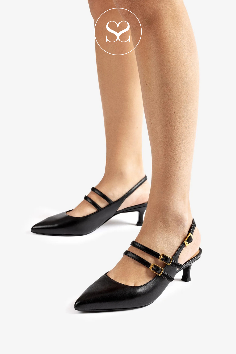 UNISA INAZAR BLACK LEATHER SLINGBACK KITTEN HEELS