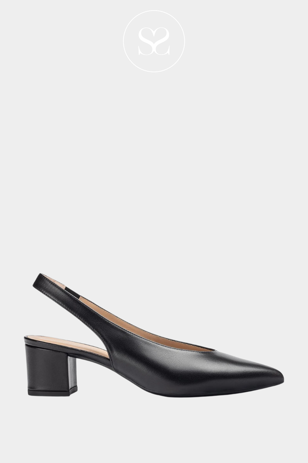 UNISA JENSEN BLACK LEATHER POINTED TOE SLINGBACK LOW BLOCK HEEL SHOE
