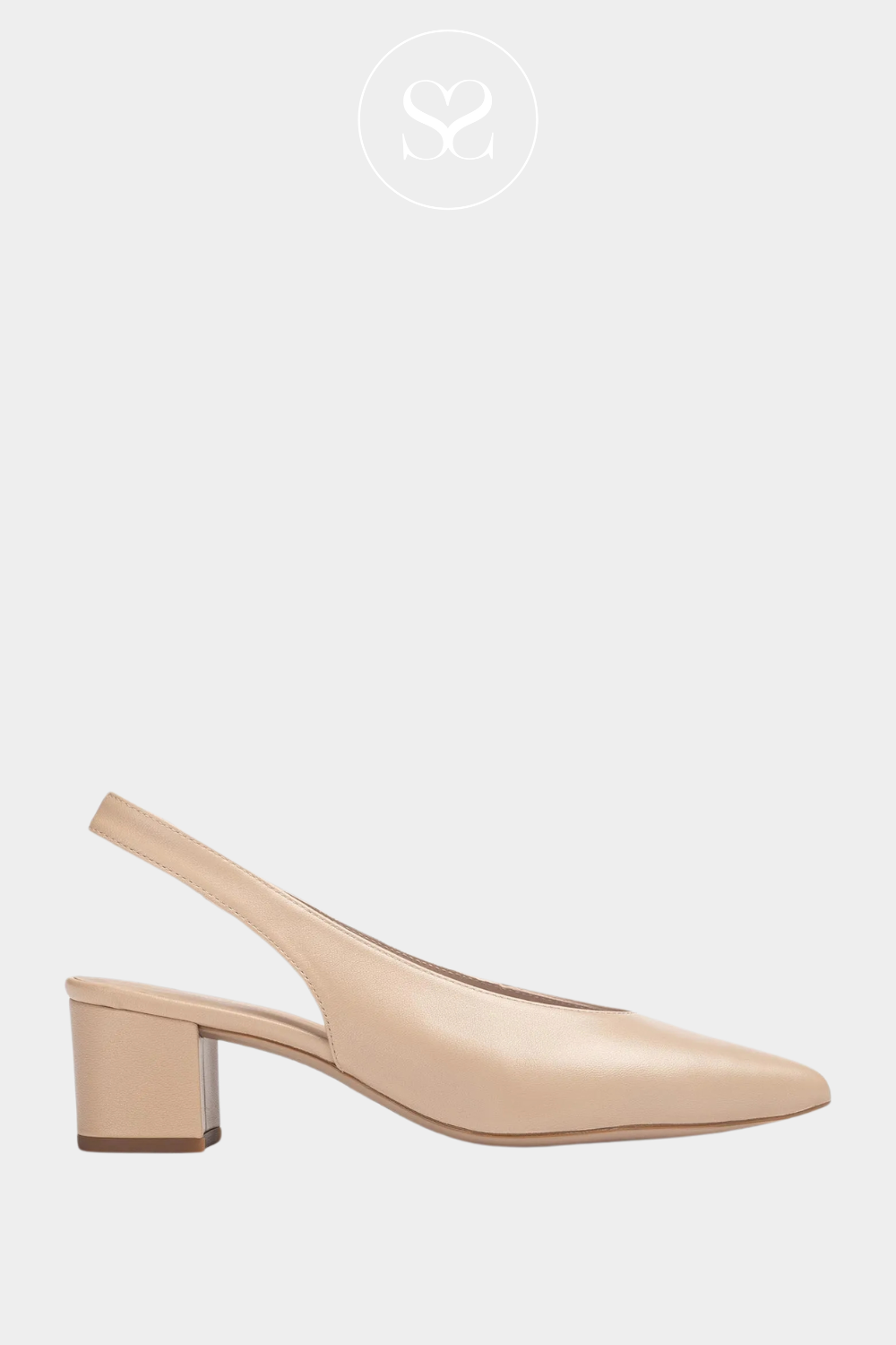 UNISA JENSEN NUDE LOW BLOCK HEEL LEATHER POINTED TOE SLINGBACK SHOE WITH ELASTICATED SLINGBACK