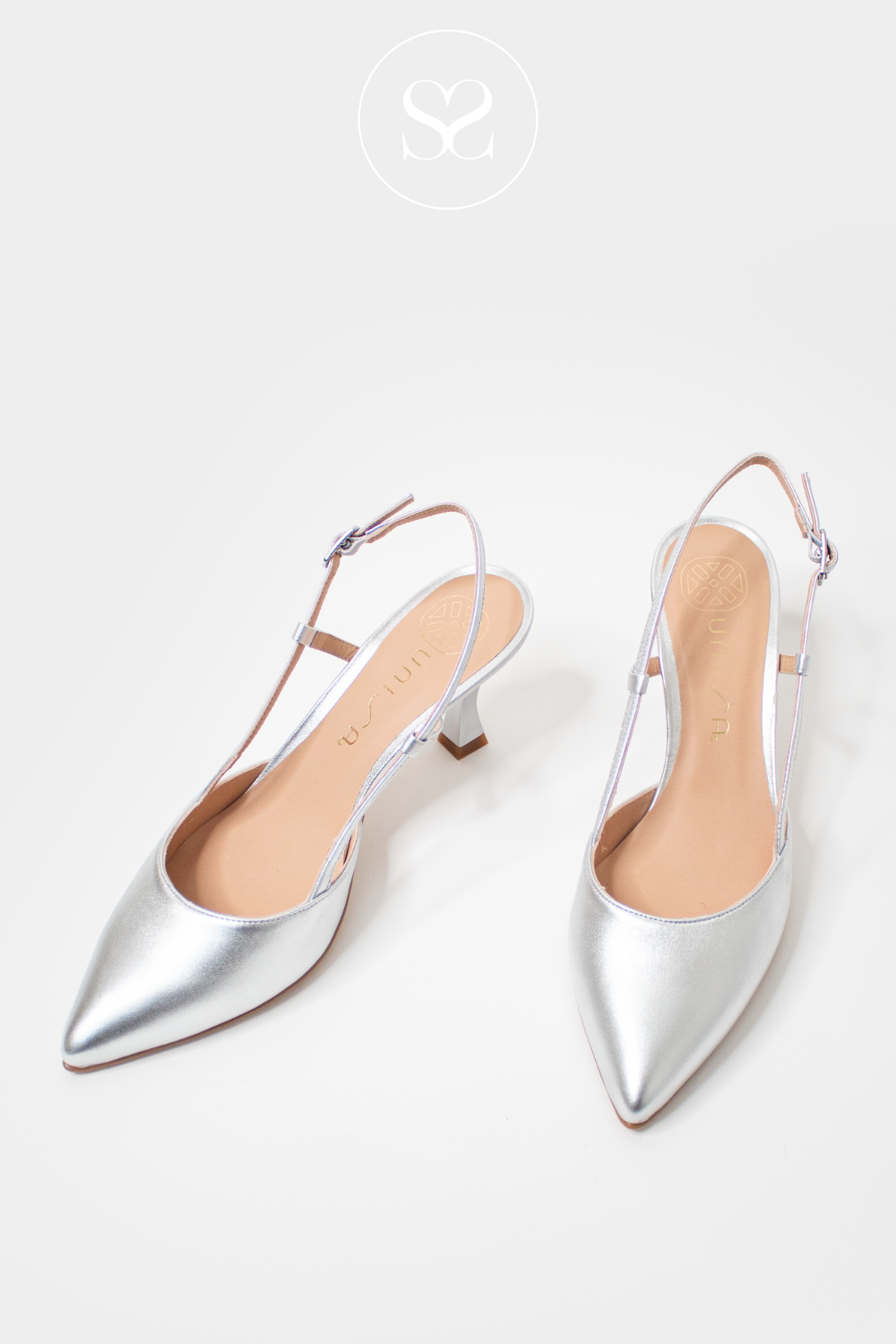 UNISA KLEEF SILVER METALLIC LEATHER SLINGBACK POINTED TOE LOW HEEL WITH ADJUSTABLE ANKLE STRAP