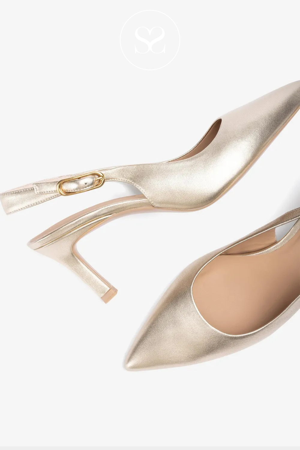Comfortable low heel shoes. gold slingback pointed toe heels.