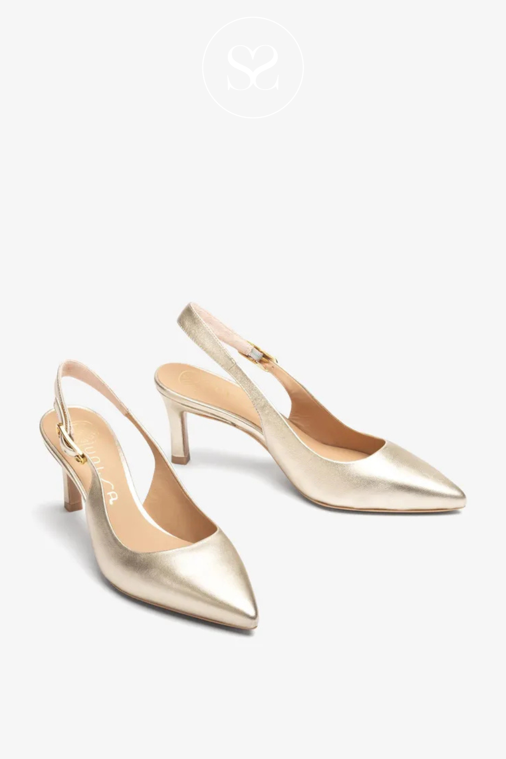 Unisa pointed toe gold slingback shoes. Round cut. adjustable ankle strap.