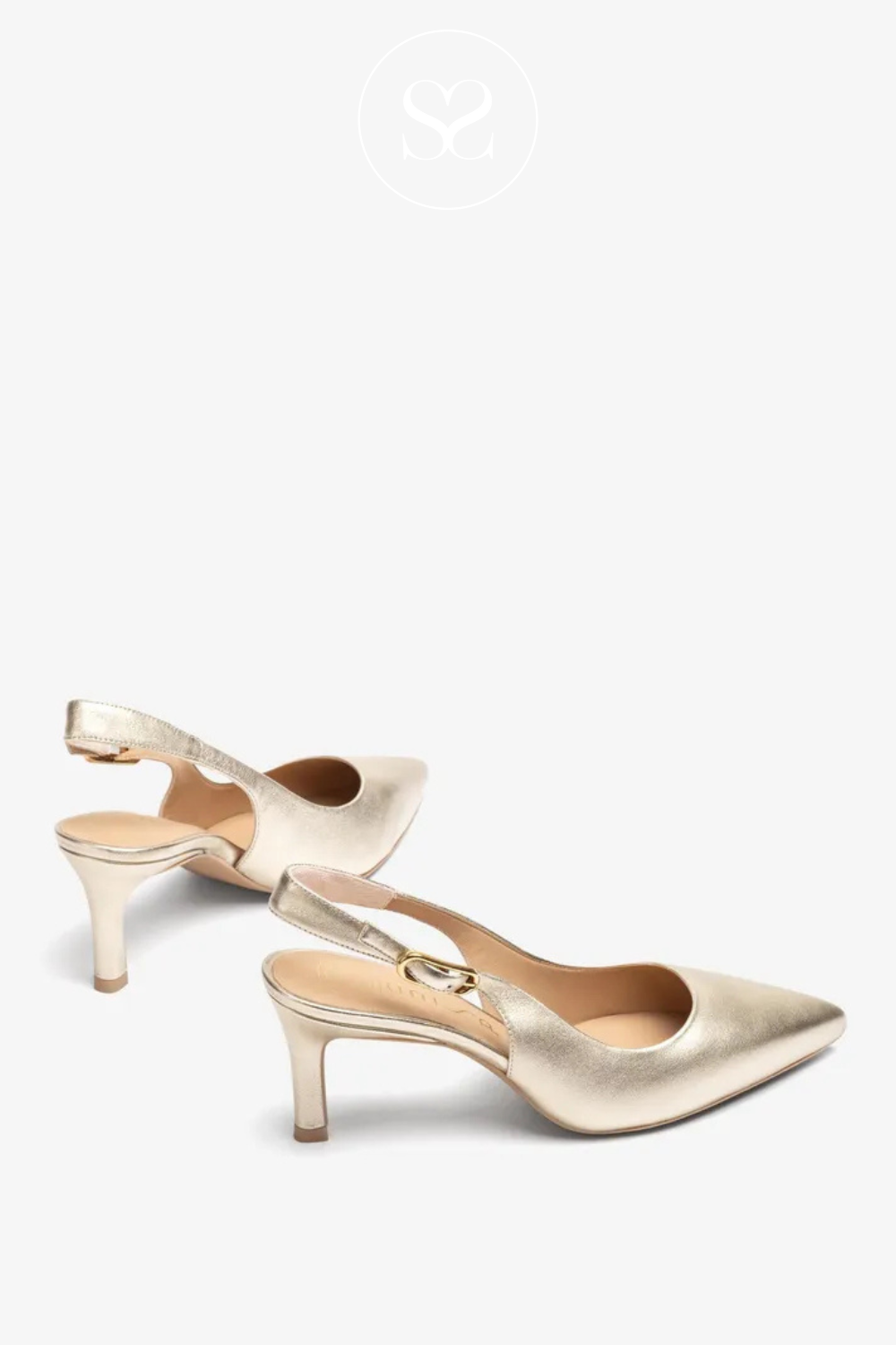 Gold low heels. Slingback shoe, pointed toe, cushioned footbed. Classy and comfortable. Occassion shoes.
