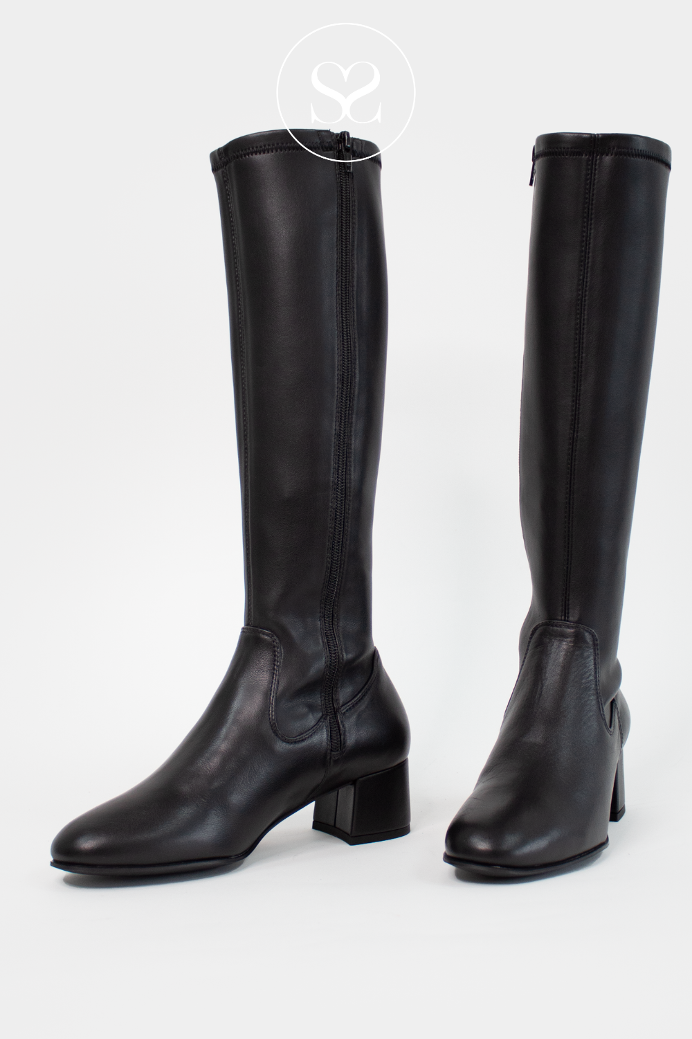 UNISA LAPES BLACK LEATHER BLOCK HEEL KNEE HIGH BOOTS