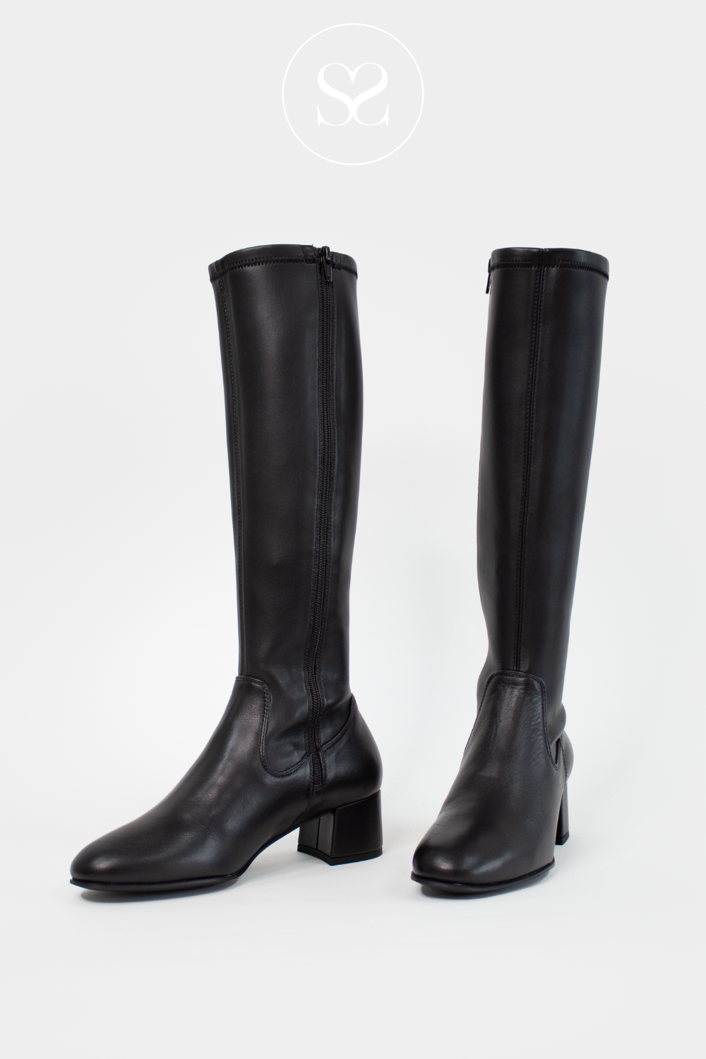 UNISA LAPES BLACK LEATHER BLOCK HEEL KNEE HIGH BOOTS