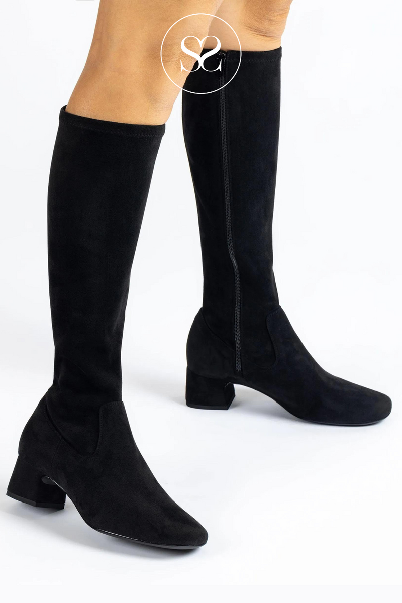 UNISA LAPES BLACK SUEDE KNEE HIGH BOOT WITH FULL INSIDE ZIP AND SMALL BLOCK HEEL