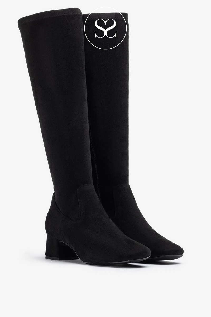 UNISA LAPES BLACK SUEDE KNEE HIGH BOOT WITH FULL INSIDE ZIP AND SMALL BLOCK HEEL
