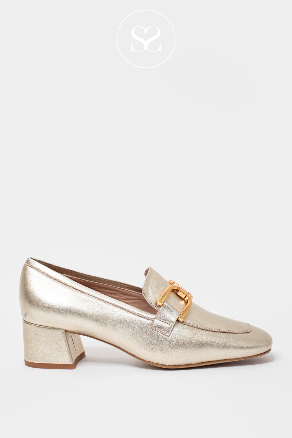 UNISA LOSIE GOLD LEATHER LOW BLOCK HEEL SLIP ON SHOE WITH GOLD BUCKLE