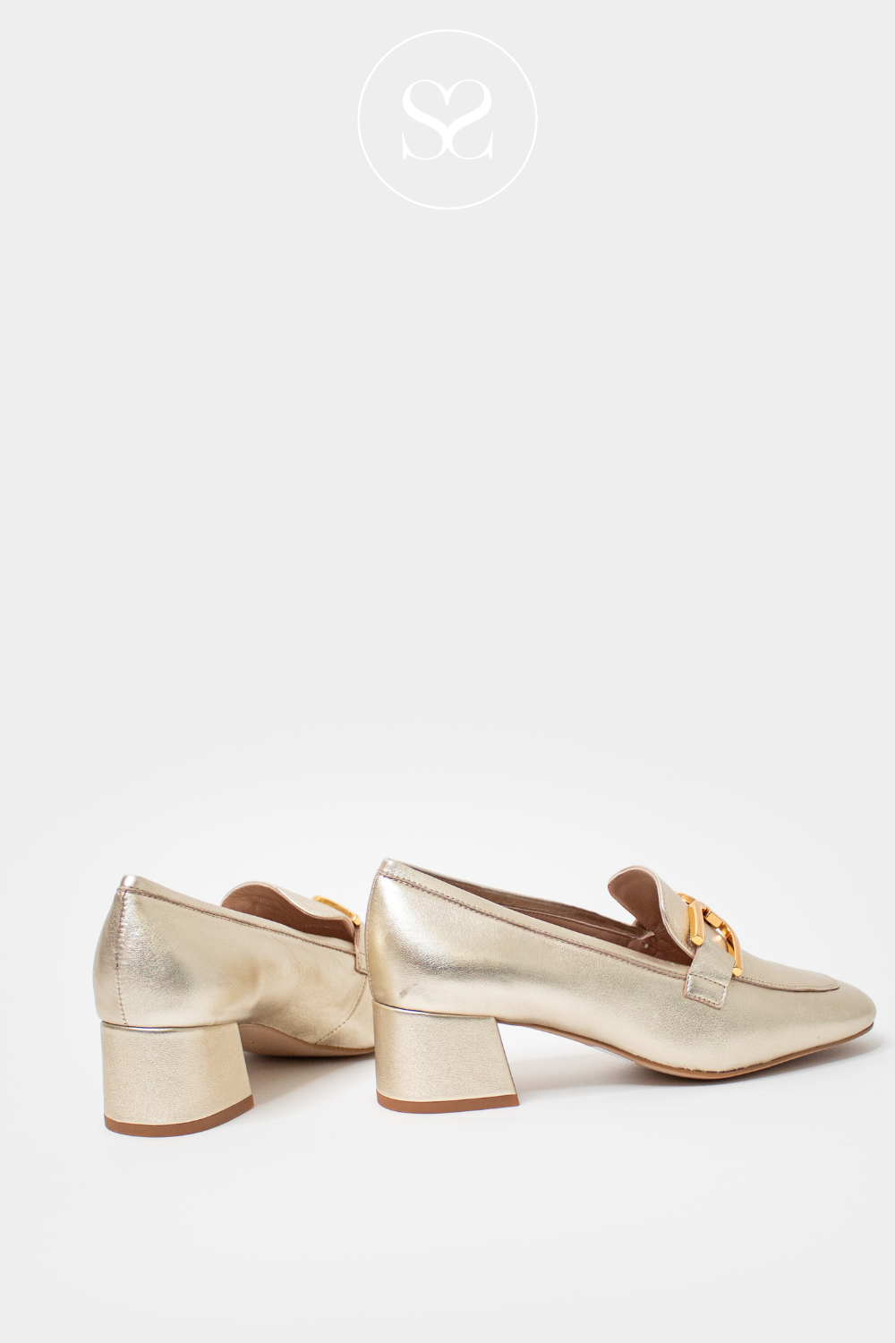 UNISA LOSIE GOLD LEATHER LOW BLOCK HEEL SLIP ON SHOE WITH GOLD BUCKLE
