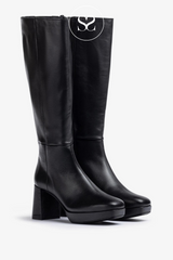 UNISA MATEU BLACK LEATHER KNEE HIGH BOOT WITH PLATFORM SOLE AND BLOCK HEEL AND INSIDE ZIP