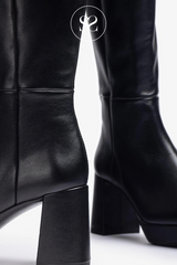 UNISA MATEU BLACK LEATHER KNEE HIGH BOOT WITH PLATFORM SOLE AND BLOCK HEEL AND INSIDE ZIP