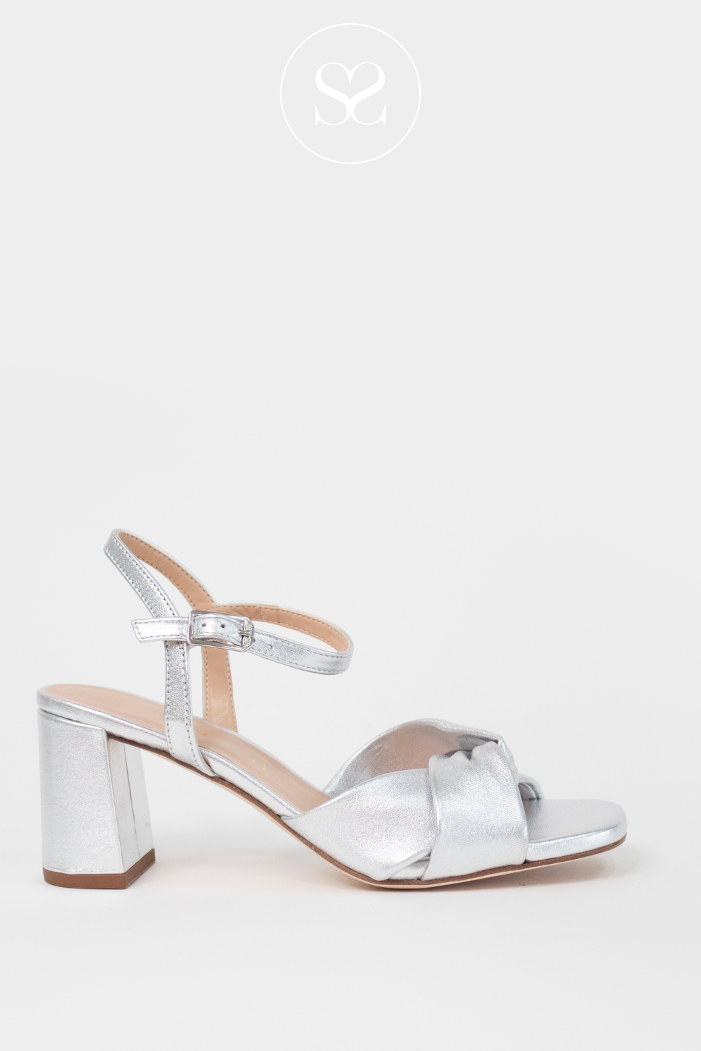 UNISA MEDWAY METALLIC SILVER LEATHER BLOCK HEEL SANDALS WITH ADJUSTABLE ANKLE STRAP AND TWIST KNOT FRONT STRAP