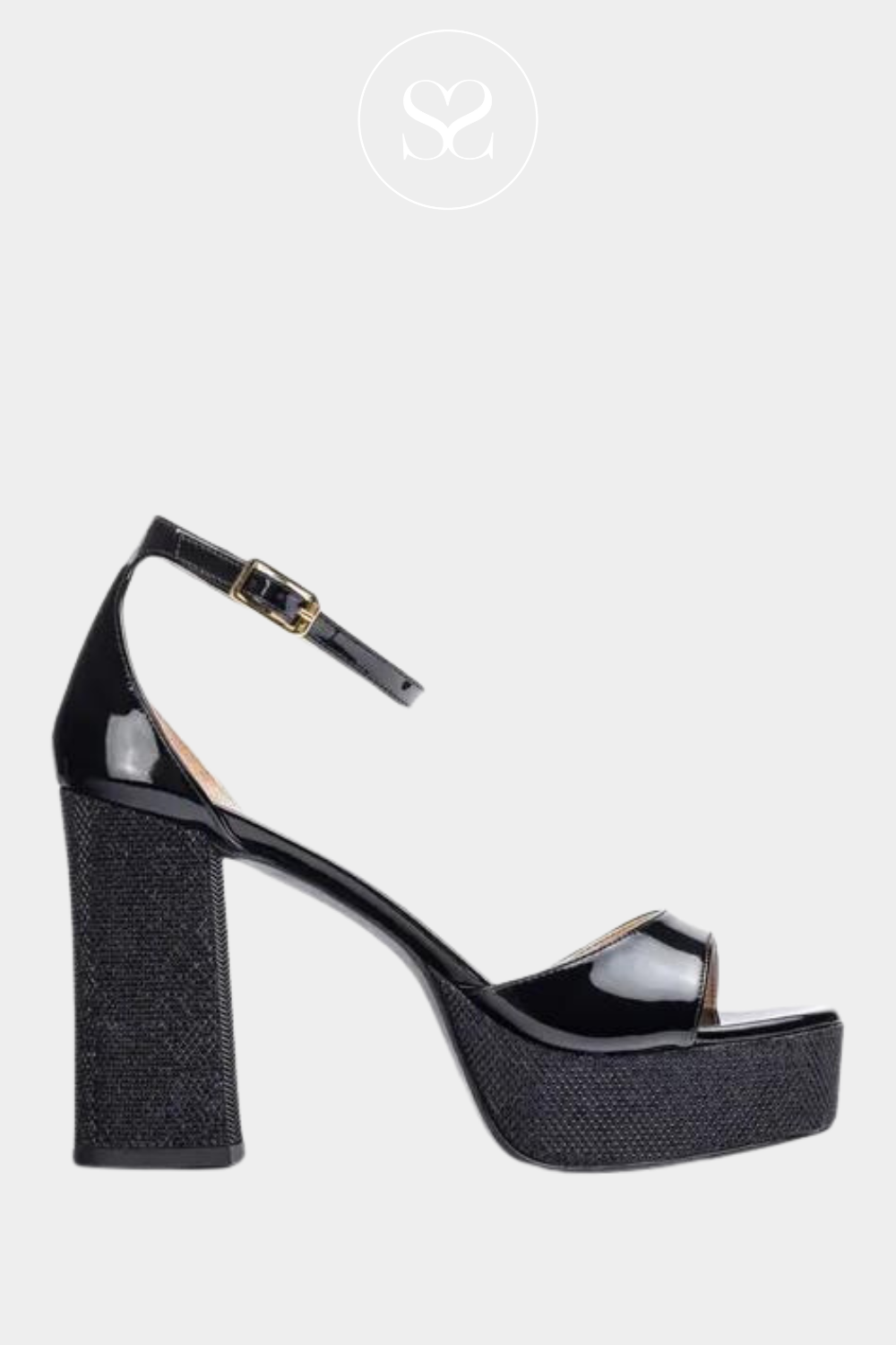 UNISA UPTON BLACK PATENT PLATFORM BLOCK HEEL SANDAL WITH AN ANKLE STRAP AND A SPARKLE SOLE