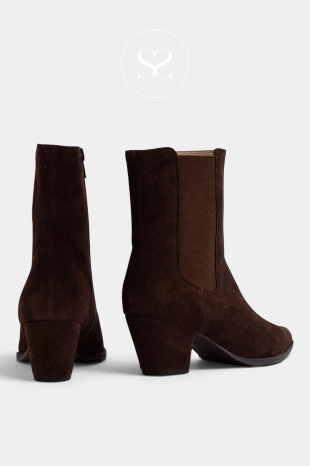Unisa Chocolate Brown Suede Western style Ankle Boots side view - Sheneil shoes logo on top of grey background