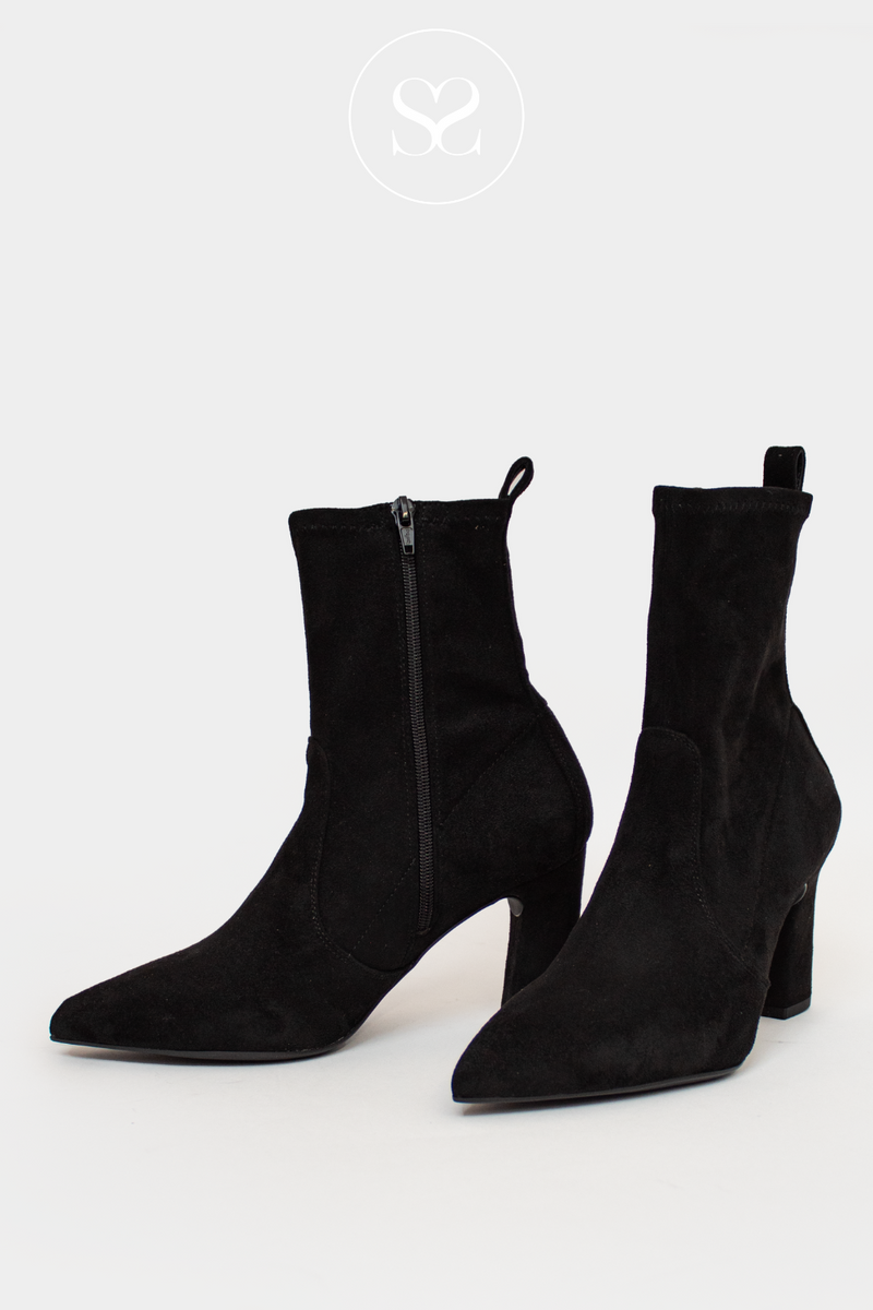 black suede dress boots with pointed toe and block heel