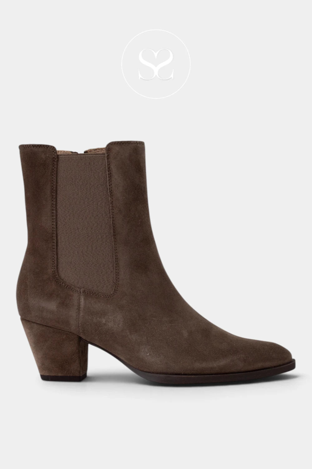 A single brown suede Chelsea-style ankle boot with a block heel, shown in profile against a light gray background.