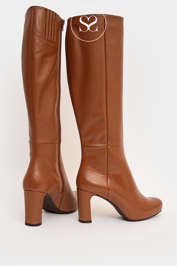 Comfortable tan leather knee high boots with heel - Unisa Shoes