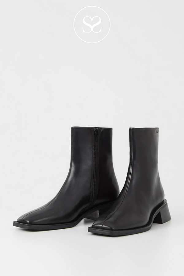 VAGABOND BLANCA BLACK LEATHER ANKL BOOT WITH INSIDE ZIP AND LOW BLOCK HEEL . SUITABLE FOR WORKWEAR.